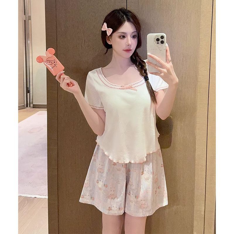 Summer Women's Cotton Short-Sleeved Short + Pants Three-Piece Set Cartoon Printed Home Clothes Can Be Worn Outside Thin with Chest Pads