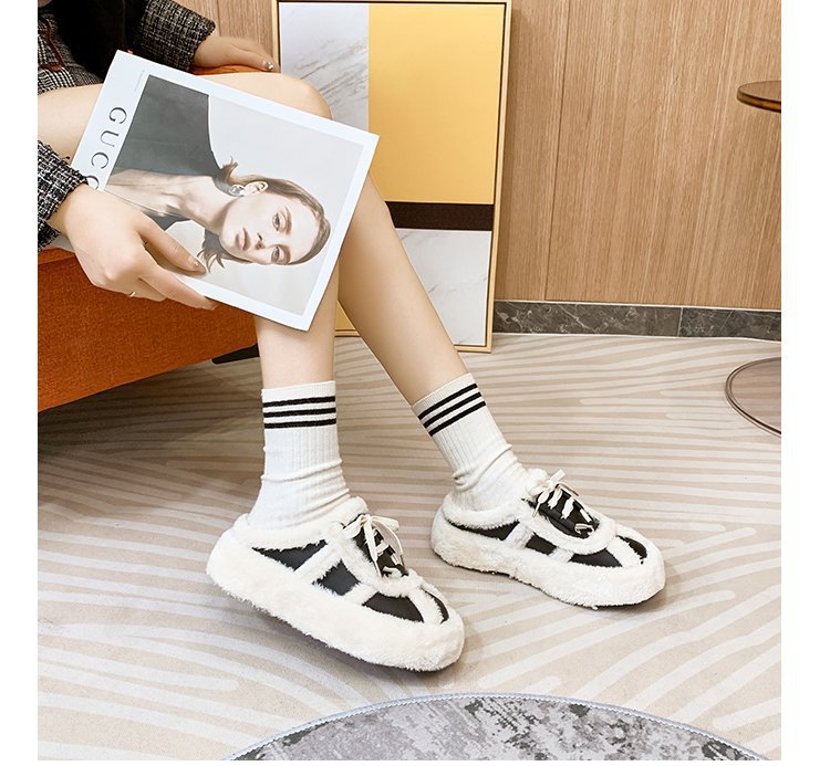 Koreaanse versie plus pluche bontschoenen voor dames 2023 herfst en winter nieuwe stijl lamswollen teen met veters en casual all-match halve pantoffels met dikke zolen_voghion.com