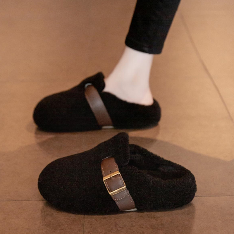 Furry Slippers for Women for Autumn and Winter Outer Wear 2025 New Velvet Snow Boots Baotou Half Slippers Internet Celebrity Style Cotton Slippers