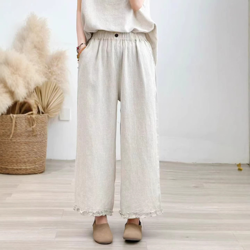 Vintage Artistic Pure Linen Straight-Leg Pants with Ruffled Hem, 2026 Spring New Women's Fashion Casual Cropped Pants Vintage Artistic Pure Linen Straight-Leg Pants with Ruffled Hem, 2026 Spring New Women's Fashion Casual Cropped Pants