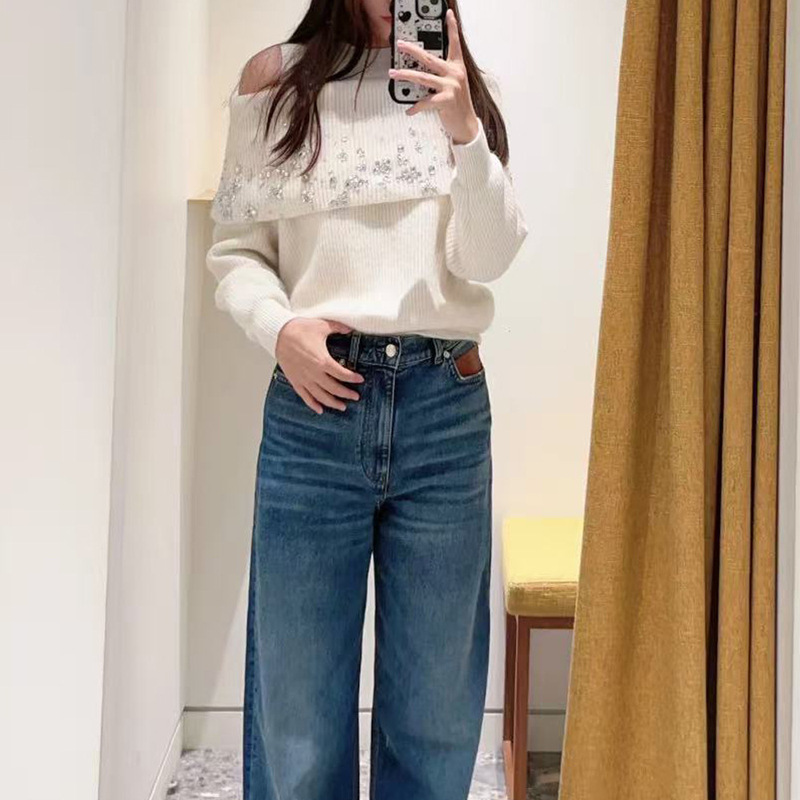 M's Elegant Girl Classy Women's Clothing 2025 Autumn and Winter French Fake Two-Piece Off-Shoulder Nail Diamond Wool Knitwear Top