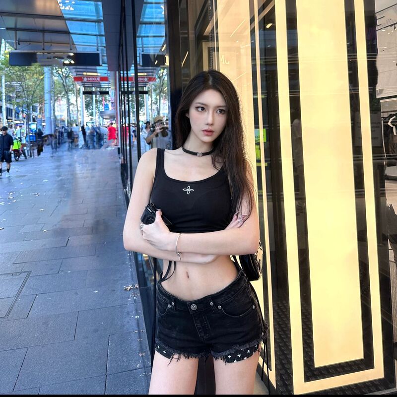 Sk Mustang Super Low Waist Lightning Denim Shorts Design Easiest for Match Cotton Hot Pants New Collection Mint Mambo