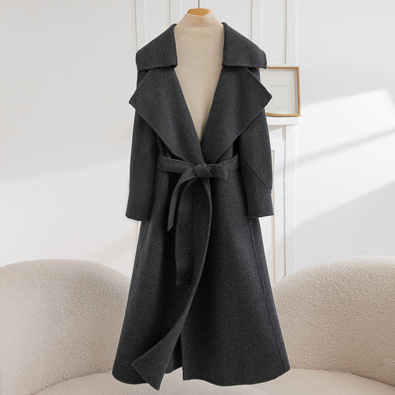 New High-End Large Lapel Long Over-The-Knee Pure Wool Coat for Women, Autumn and Winter Hepburn Style Double-Sided Woolen Coat