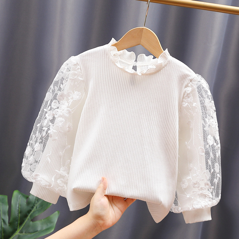 Girls' long-sleeved pure cotton white top, suitable for medium and large children, spring and autumn, stylish inner layer T-shirt. (Foreign trade, cross-border e-commerce)