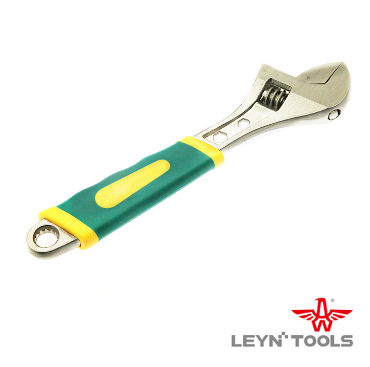 源头厂家批发6-15寸活动扳手镀镍头部拉丝黄绿双色五指柄多用扳手