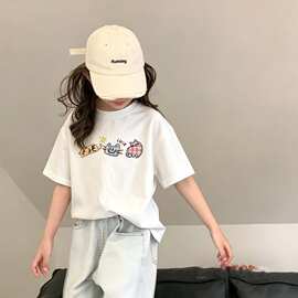 女童短袖百搭薄款夏天上衣打底t恤中小童100%纯棉半袖衣服