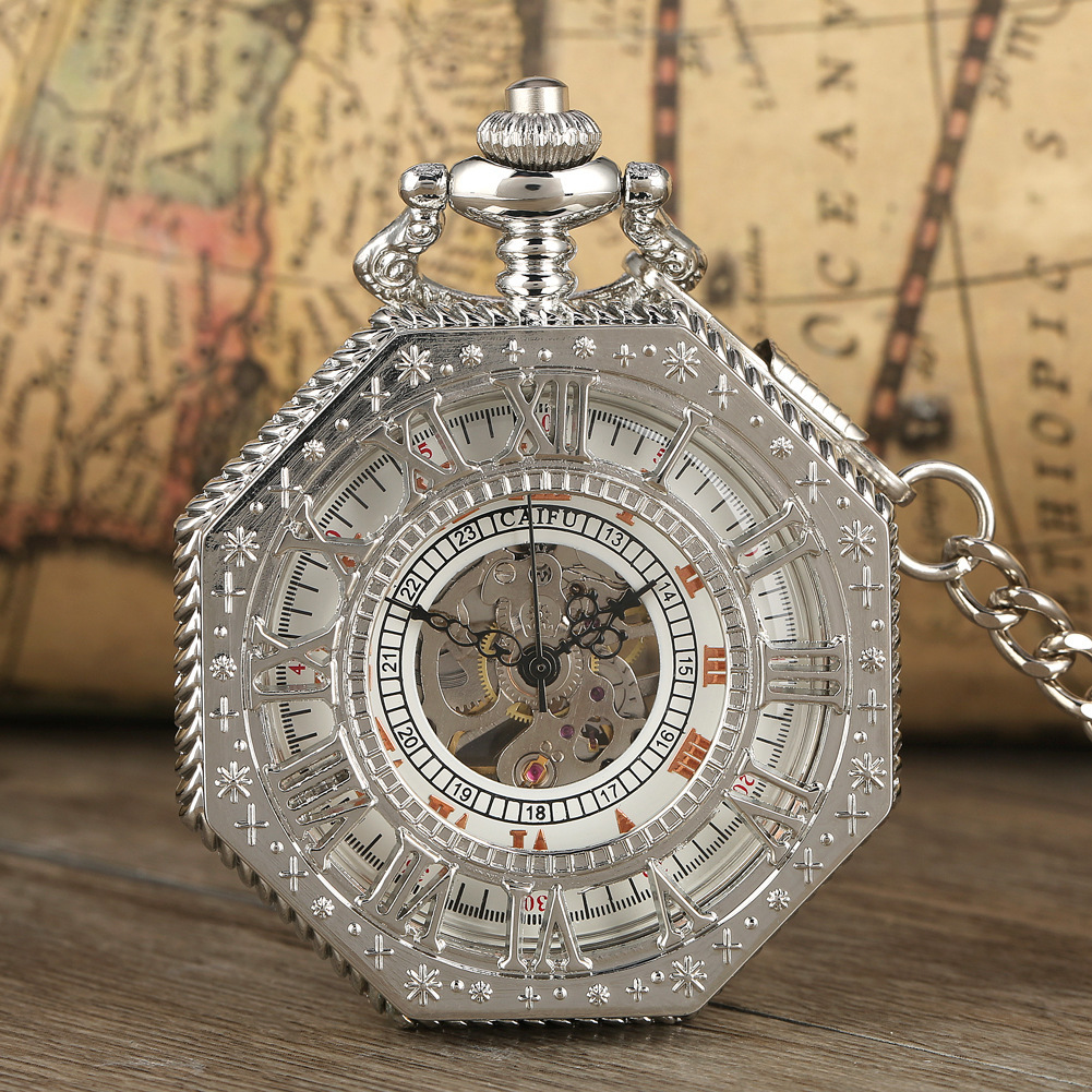 New In-Stock Cross-Border Hot Sale Creative Flip-Top Octagonal Roman Numeral Manual Mechanical Pocket Watch Dropshipping