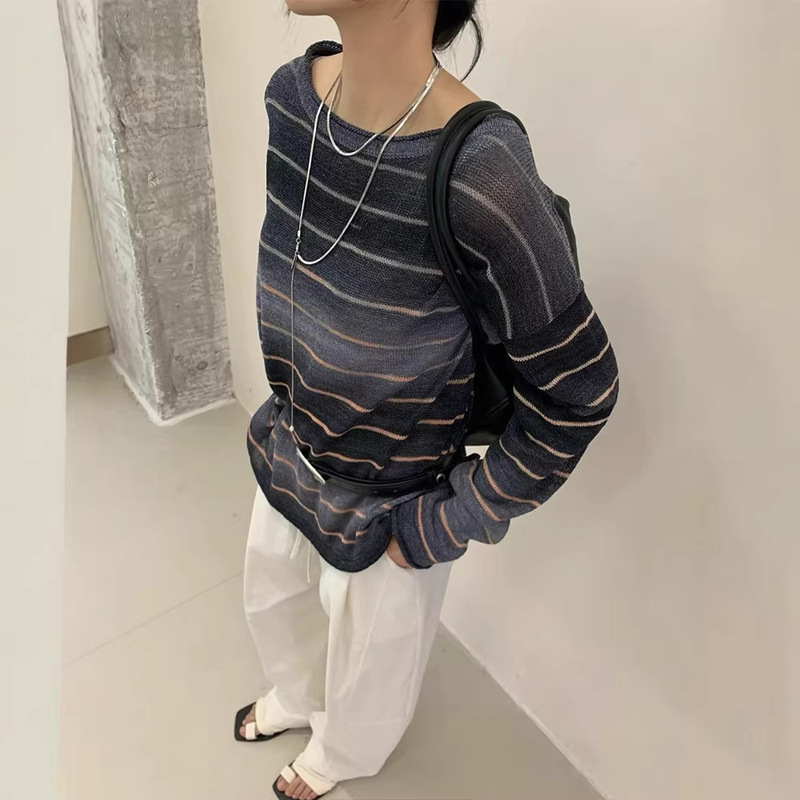 Korean-Style Women's Clothing, Thin Paper Yarn Gradient Striped Knit Top, 2026 New Style, Rolled Edge Long-Sleeve Early Autumn Cover-Up Korean-Style Women's Clothing, Thin Paper Yarn Gradient Striped Knit Top, 2026 New Style, Rolled Edge Long-Sleeve Early Autumn Cover-Up