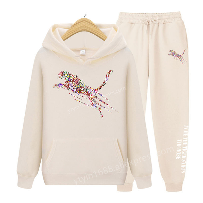 Sportswear Women's Cross-Border European Size Fleece Sweatshirt and Sweatpants Amazon Independent Station Printed Rose Red Light Blue Sweatshirt Suit