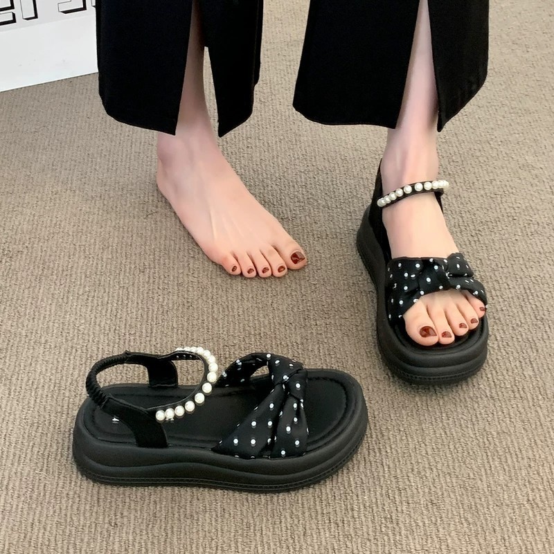 Sandalias de punto de onda de alta calidad de fondo grueso para mujeres de verano 2026 nuevo vestido con faldas de chicas sandalias de lazo de arco