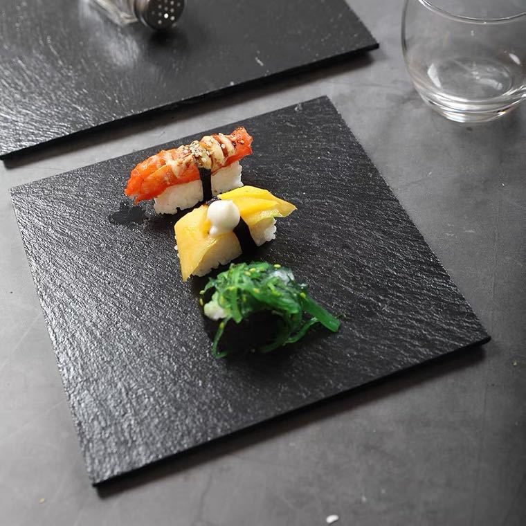 Placa de Roca Negra redonda cuadrada Placa de pizarra de borde recto restaurante occidental sushi japonés postre Placa de presentación Placa de carne