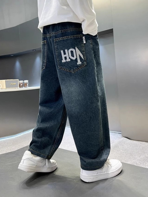 男の子用パンツ 春物ジーンズ 子供用秋物カジュアルパンツ 2025年トレンド 大きな子供向け韓国風長ズボン レタープリント|undefined