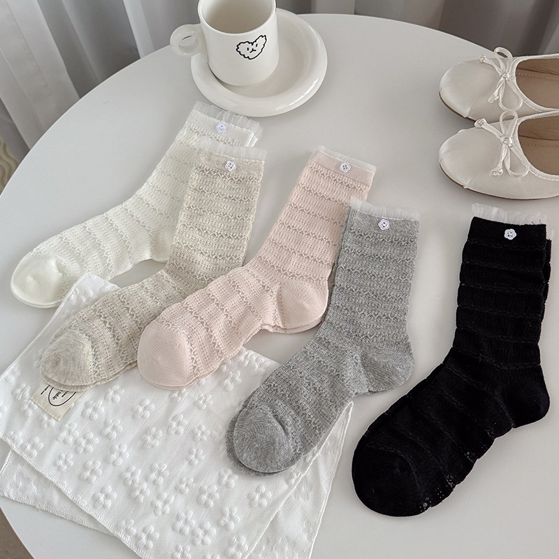 Korean Women's Socks for Spring and Summer, Thin Hollow-Out Mid-Calf Socks with Sweet Floral Buttons, Lace Trim, and Seamless Design Korean Women's Socks for Spring and Summer, Thin Hollow-Out Mid-Calf Socks with Sweet Floral Buttons, Lace Trim, and Seamless Design