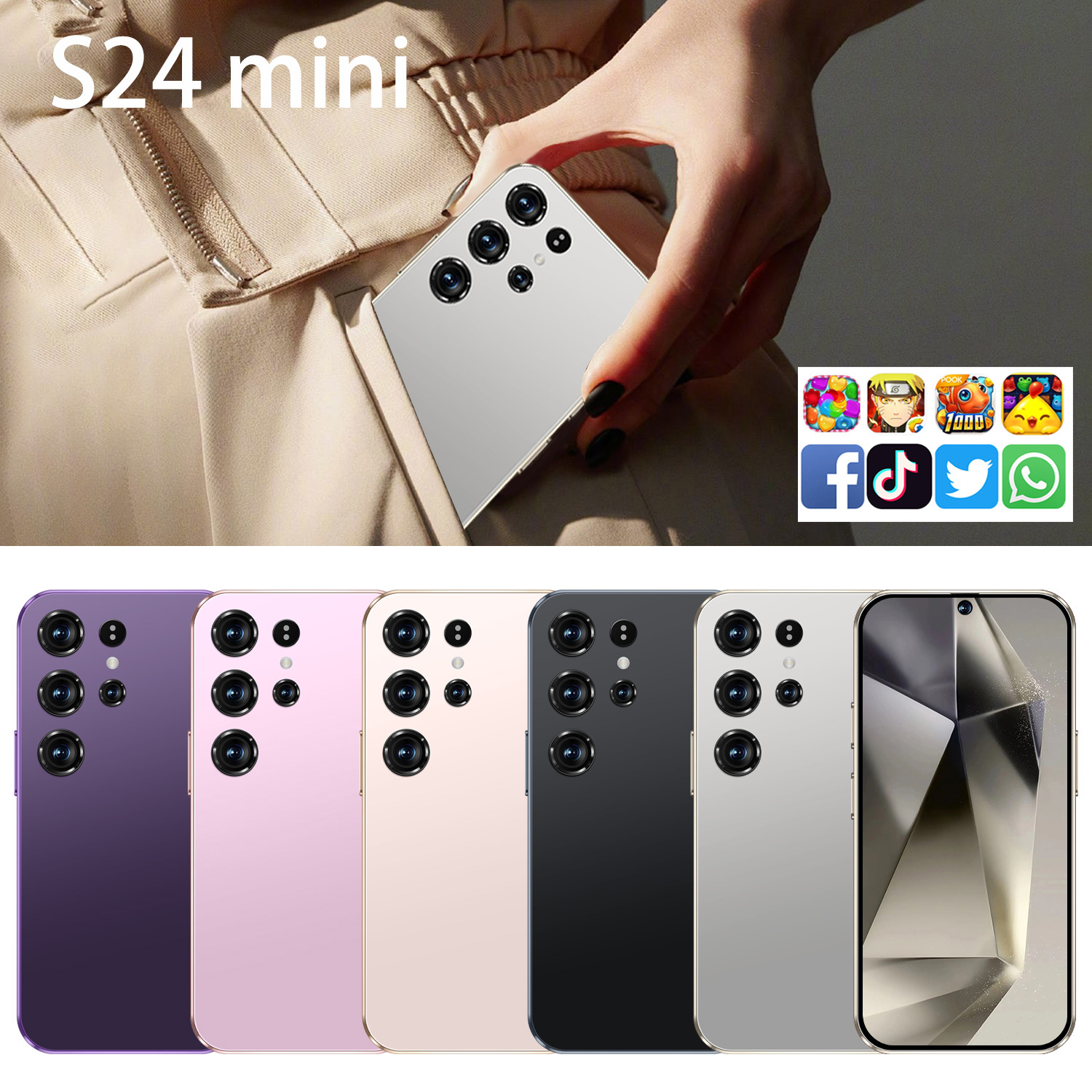 爆款跨境手机S24 Mini便携小手机4.0寸穿孔屏4+64GB外贸智能手机