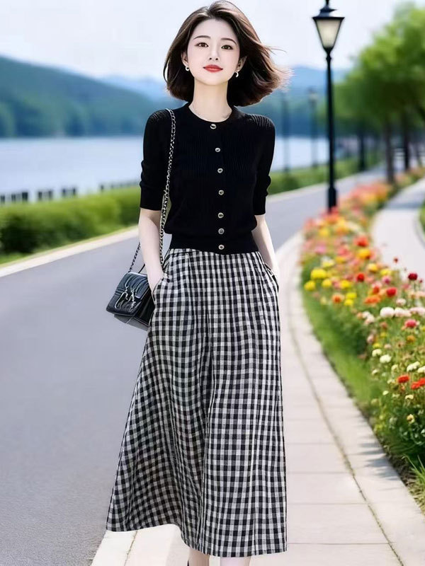 2025早秋季新款干练气质女装成套搭配减龄套装裙显瘦格子裙两件套|undefined