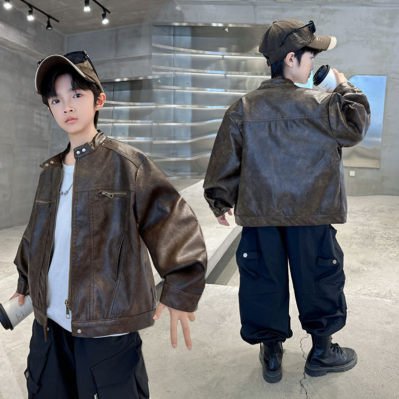 Boys' PU leather jacket, new spring and autumn style, children's stand-up collar leather jacket, trendy and handsome top for middle and large children, motorcycle outfit.