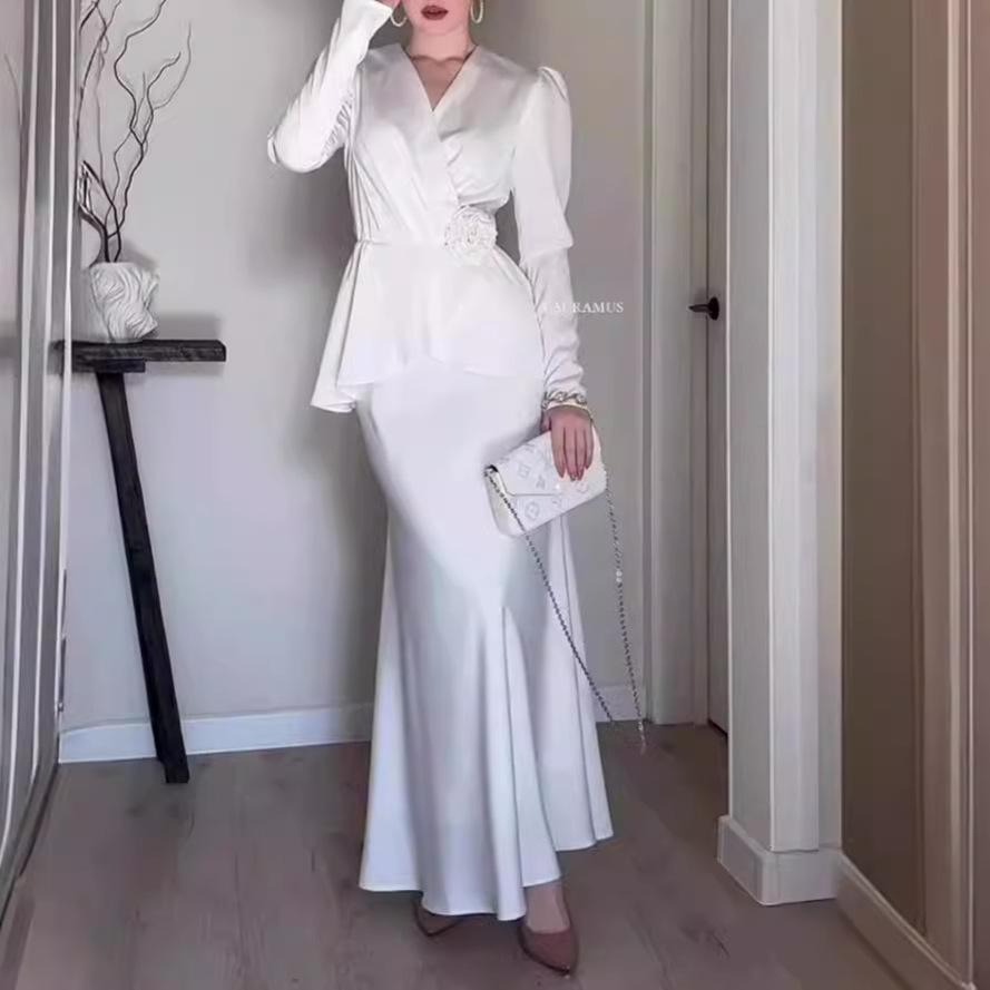 Vêtements pour femmes haut de gamme tempérament soyeux col en V taille haut robe jupe costume deux pièces_voghion.com