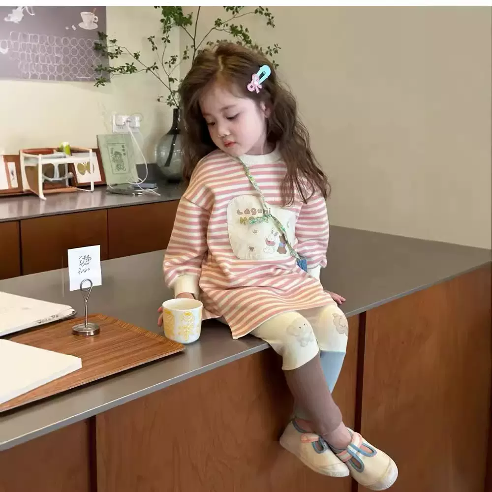 韩国童装女童卫衣连衣裙秋季2024新款洋气儿童长袖裙子粉色条纹裙
