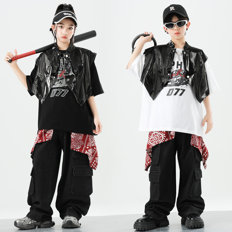 儿童街舞潮服演出服男童套装hiphop童装嘻哈爵士皮衣马甲女童