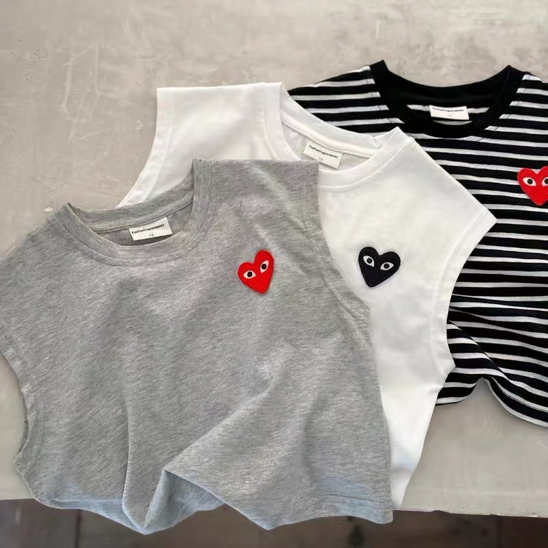 Children's V-Neck T-Shirt 2024 Summer New Boys and Girls Love Label Sleeveless Baby Solid Color Striped T-Shirt