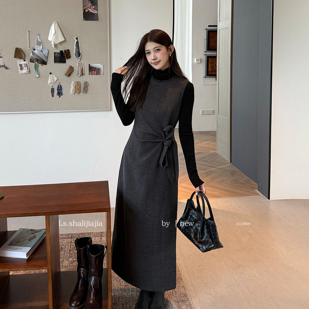 LS述致 高级灰色无袖背心连衣裙女2025冬季毛呢新款长裙女装61199