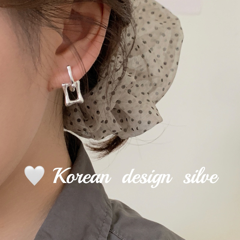韓國ins風博主同款耳飾品 S925純銀簡約鏤空幾何方形耳環小眾ins