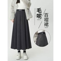 【厚手】灰色の毛の半身のスカートの女性の秋冬の高い腰のA字の大きい傘のスカートの学院の風の百のしわの中で長いスカート