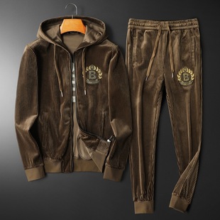 2023 Autumn and Winter New Thickened Embroidered Men's Slim Large Size Hooded Gold Velvet Sweatshirt Casual Sports Suit