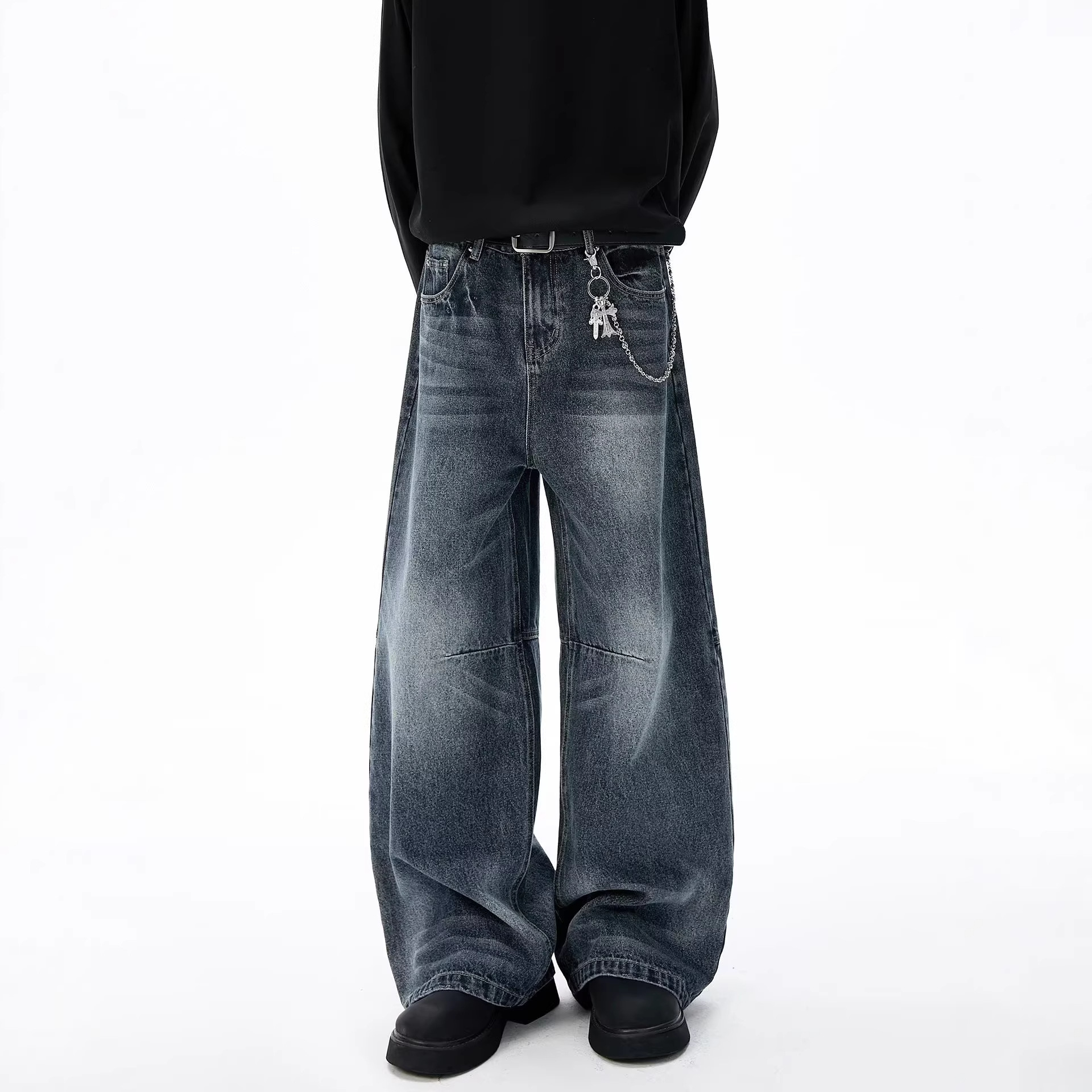 Unisex Retro Minimalist Wide Leg Jeans Blue Grey Stylish Straight Leg Drape Trendy Men's Clothing Denim_mkmklike.com
