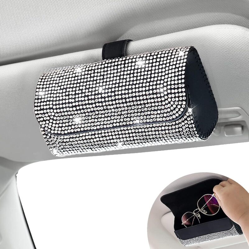 Diamond-Encrusted Car Glasses Case, Multi-Functional Sunglasses Storage Box, Full-Diamond Sun Visor, Car Sunglasses Case, Universal for Women