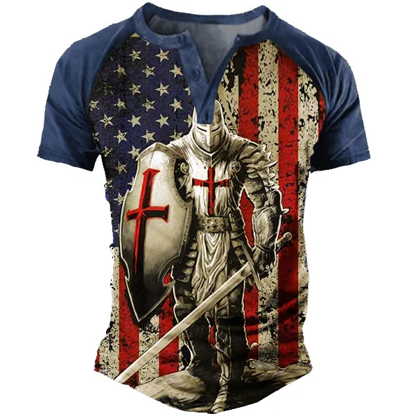 Nueva camiseta transfronteriza de manga larga con cuatro botones de Amazon Templar Impresión 3D Cross Legion imitación algodón pull rack manga larga T