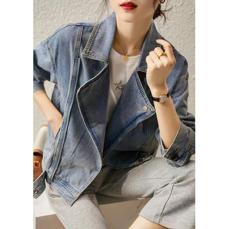 Autumn and Winter motorcycle Denim coat women's clothing 2023 autumn new short jacket denim jacket contrast color loose