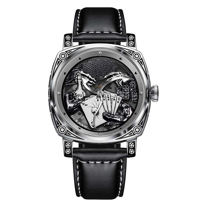 Đồng hồ cơ nam automatic lộ máy tourbillon hai mặt khắc nổi phát quang dây da bò — Vàng vừa mang, Dải thép đen bạc, Vỏ bọc vàng, Da đen bạc