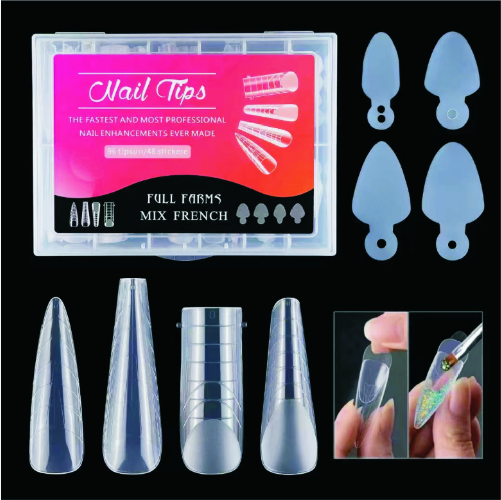 Molde de película de uñas de cristal de uñas popular transfronteriza sin pegamento de extensión de soporte de papel 12 piezas de molde de uñas pegatinas francesas no tallado de silicona de molienda