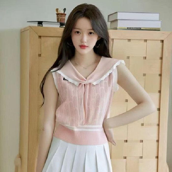 2025 New Summer Korean Style Unique and Beautiful Tops with Unique Design Niche Navy Collar Short-Sleeved Sweaters