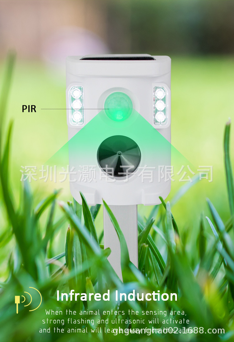 亚马逊新款360度爆闪太阳能动物驱赶器驱鼠器警报音农场驱鸟器