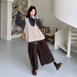 镂空背心罩衫+长袖T恤九分裤三件套