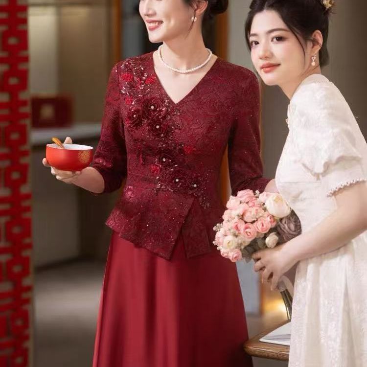 气质名媛婚宴长袍深V刺绣中长裙七分袖装饰婚礼装|undefined