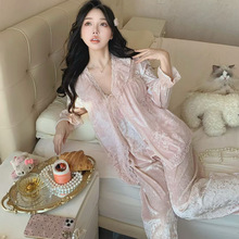 新款秋冬金丝绒睡衣女性感刺绣吊带纯欲风法式家居服三件套带胸垫