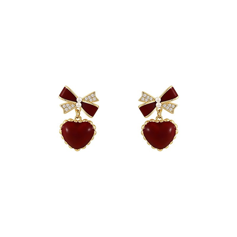 burgundy retro earrings with bow heart-shaped