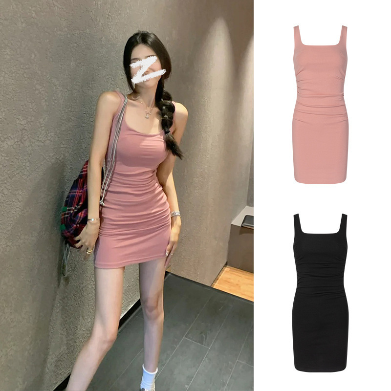 High-Quality 2026 Summer New Style Spicy Girl Cotton Camisole Dress with Irregular Pleats and Square Neck, Bodycon Dress