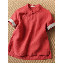 2026新款新中式复古红色立领盘扣衬衫女短袖禅意棉麻茶服上衣女