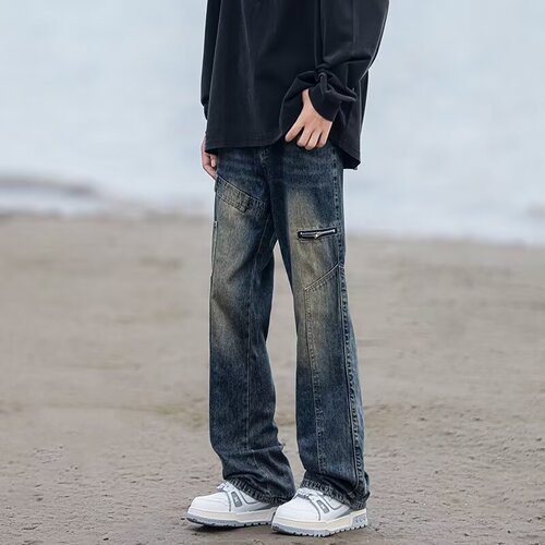 2024 Summer American Retro Blue Straight Leg Jeans for Trendy Men Streetwear Distressed Loose Splicing Fashion Pants