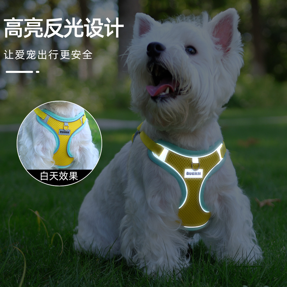 Arnés transpirable tipo chaleco para mascotas con alta visibilidad reflectante y contraste de color para perros pequeños y correas para perros.