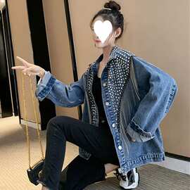 铆钉绣花流苏重工牛仔外套女2023春季新款大码宽松网红高档牛仔衣