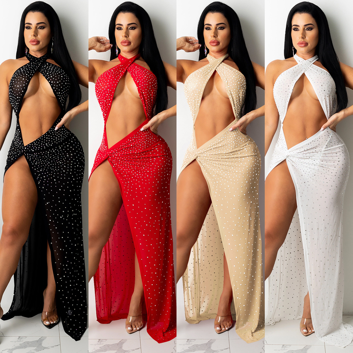 X5326 transfronterizo europeo y americano nuevo club nocturno sexy rhinestone diamante incrustado malla ver-a través de las mujeres envuelto pecho partido vestido