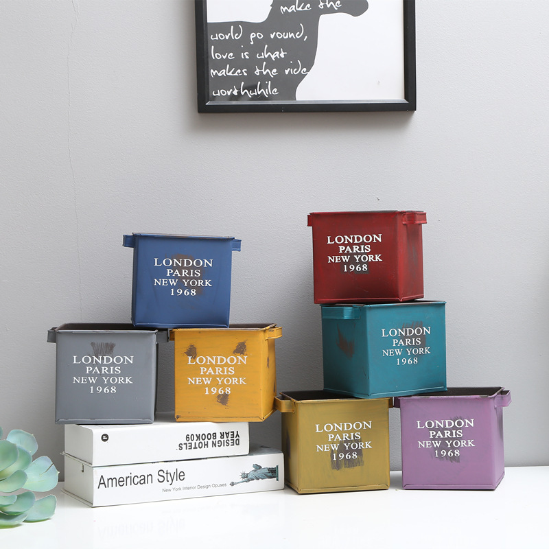 北欧风简约复古方形铁皮桶做旧花桶绿植装饰收纳盒框假花多肉花盆