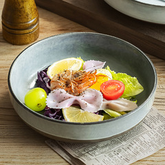 推薦款~復古深盤耐看子母盤實用拌麵碗窯變灰藍大盤微瑕