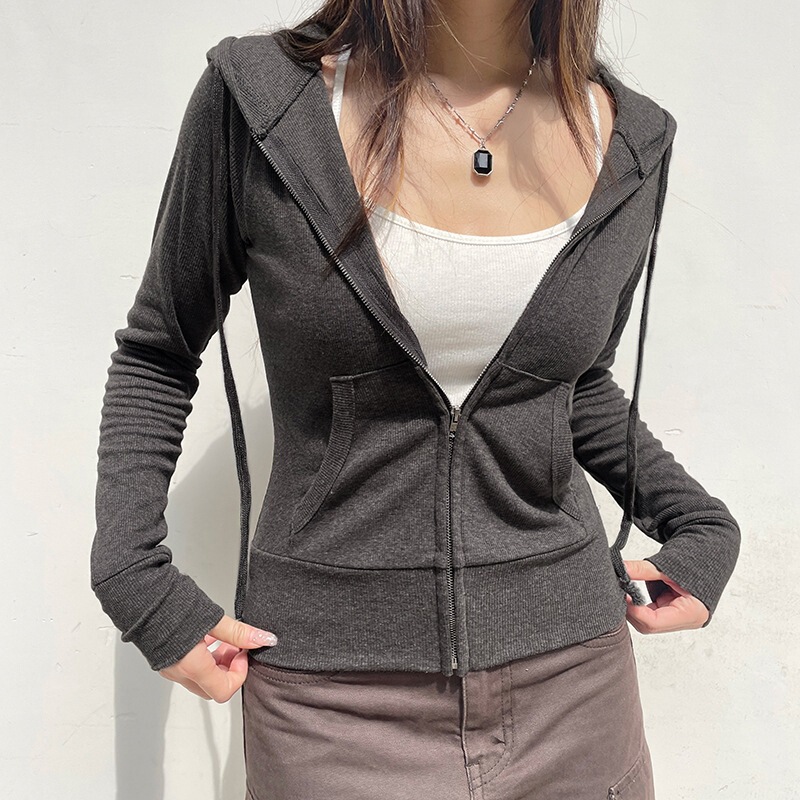 2026 Early Autumn New American Street Style Solid Color Ribbed Hooded Sweatshirt with Zipper Pockets and Patchwork Design Versatile Outerwear