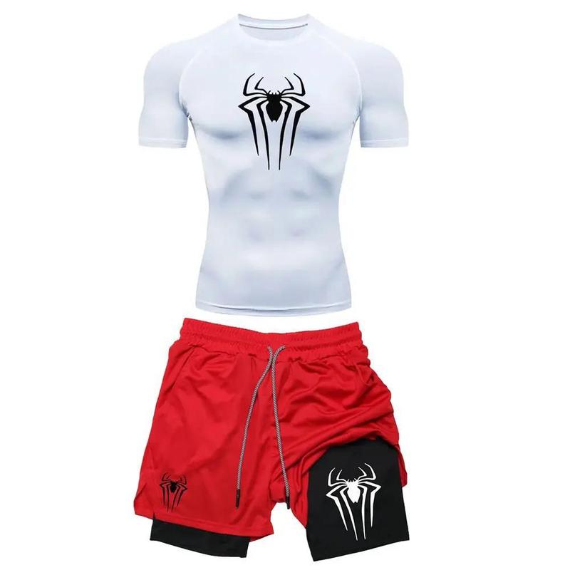 男子のトレーニング圧縮集Y2Kスパイダープリントジムtシャツ通気ランニングパンツ速乾運動皮|undefined